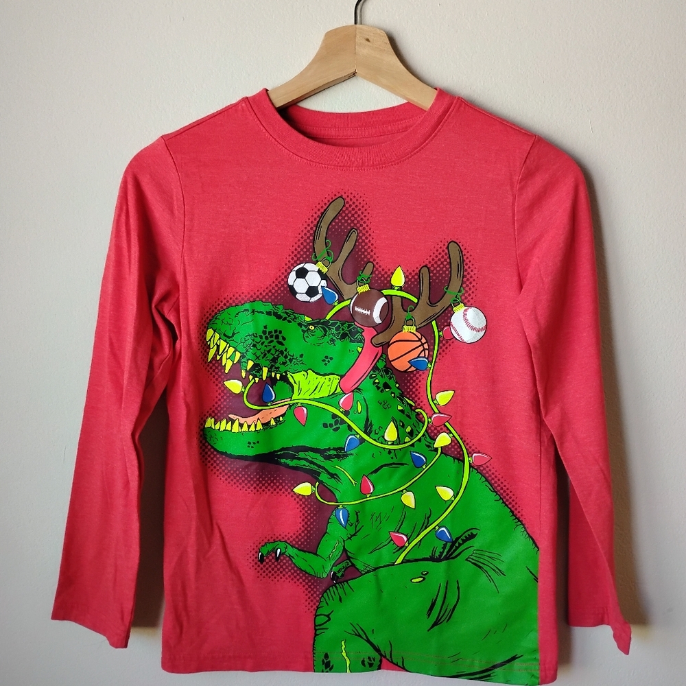 🌺💙 Cat & Jack Red Dinosaur Holiday Long Sleeve Tee
